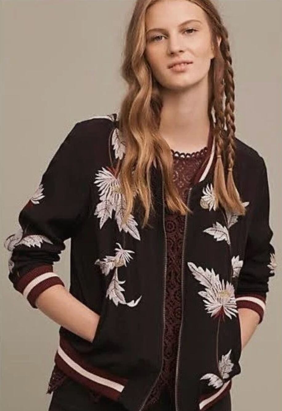 Elevenses Womens S Black Burgundy Floral Embroidered Bomber Jacket NWT